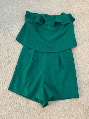 glam kelly Green Strapless Ruffle Romper
